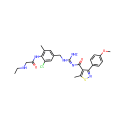 CCNCC(=O)Nc1c(C)cc(CN/C(N)=N/C(=O)c2c(-c3ccc(OC)cc3)nsc2C)cc1Cl ZINC000095580324