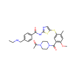 CCNCc1ccc(C(=O)Nc2ncc(Sc3cc(C(=O)N4CCN(C(C)=O)CC4)c(OC)cc3C)s2)cc1 ZINC000036184873