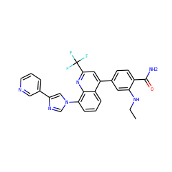 CCNc1cc(-c2cc(C(F)(F)F)nc3c(-n4cnc(-c5cccnc5)c4)cccc23)ccc1C(N)=O ZINC000145491832