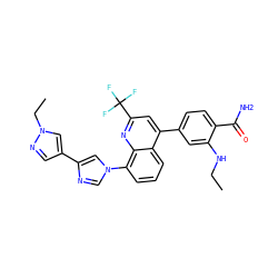 CCNc1cc(-c2cc(C(F)(F)F)nc3c(-n4cnc(-c5cnn(CC)c5)c4)cccc23)ccc1C(N)=O ZINC000145515321