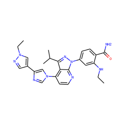 CCNc1cc(-n2nc(C(C)C)c3c(-n4cnc(-c5cnn(CC)c5)c4)ccnc32)ccc1C(N)=O ZINC000169703548
