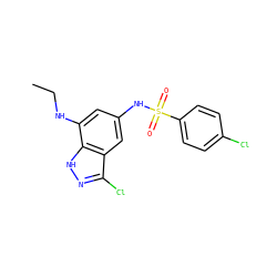 CCNc1cc(NS(=O)(=O)c2ccc(Cl)cc2)cc2c(Cl)n[nH]c12 ZINC000013531364