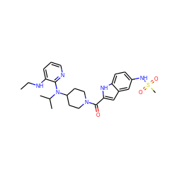 CCNc1cccnc1N(C(C)C)C1CCN(C(=O)c2cc3cc(NS(C)(=O)=O)ccc3[nH]2)CC1 ZINC000013758779