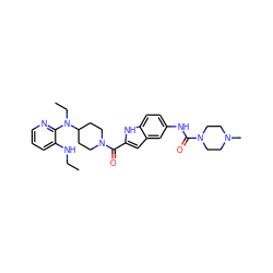 CCNc1cccnc1N(CC)C1CCN(C(=O)c2cc3cc(NC(=O)N4CCN(C)CC4)ccc3[nH]2)CC1 ZINC000013758785