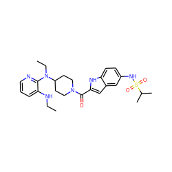 CCNc1cccnc1N(CC)C1CCN(C(=O)c2cc3cc(NS(=O)(=O)C(C)C)ccc3[nH]2)CC1 ZINC000013758774