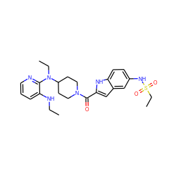 CCNc1cccnc1N(CC)C1CCN(C(=O)c2cc3cc(NS(=O)(=O)CC)ccc3[nH]2)CC1 ZINC000013758771