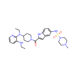CCNc1cccnc1N(CC)C1CCN(C(=O)c2cc3cc(NS(=O)(=O)N4CCN(C)CC4)ccc3[nH]2)CC1 ZINC000014943521