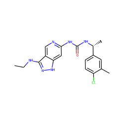 CCNc1n[nH]c2cc(NC(=O)N[C@H](C)c3ccc(Cl)c(C)c3)ncc12 ZINC001772606474