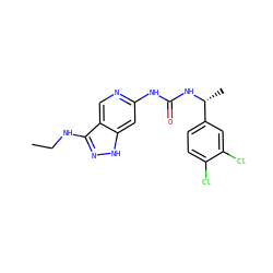 CCNc1n[nH]c2cc(NC(=O)N[C@H](C)c3ccc(Cl)c(Cl)c3)ncc12 ZINC001772586774