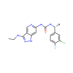 CCNc1n[nH]c2cc(NC(=O)N[C@H](C)c3ccc(F)c(Cl)c3)ncc12 ZINC001772627716