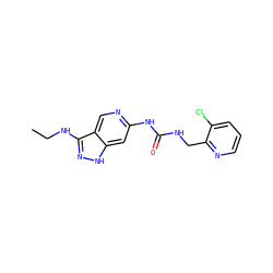 CCNc1n[nH]c2cc(NC(=O)NCc3ncccc3Cl)ncc12 ZINC001772643550