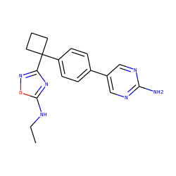 CCNc1nc(C2(c3ccc(-c4cnc(N)nc4)cc3)CCC2)no1 ZINC000114462456