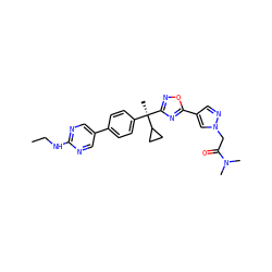 CCNc1ncc(-c2ccc([C@@](C)(c3noc(-c4cnn(CC(=O)N(C)C)c4)n3)C3CC3)cc2)cn1 ZINC000200229213