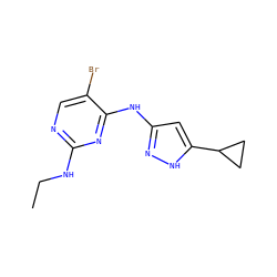 CCNc1ncc(Br)c(Nc2cc(C3CC3)[nH]n2)n1 ZINC000203006376