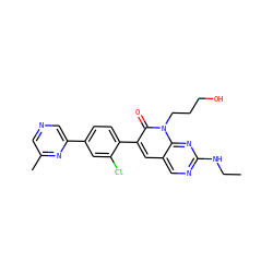 CCNc1ncc2cc(-c3ccc(-c4cncc(C)n4)cc3Cl)c(=O)n(CCCO)c2n1 ZINC000653709117