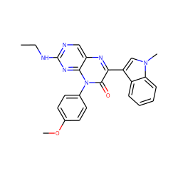 CCNc1ncc2nc(-c3cn(C)c4ccccc34)c(=O)n(-c3ccc(OC)cc3)c2n1 ZINC000004238647