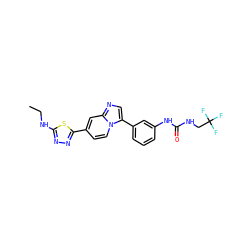 CCNc1nnc(-c2ccn3c(-c4cccc(NC(=O)NCC(F)(F)F)c4)cnc3c2)s1 ZINC000169704728