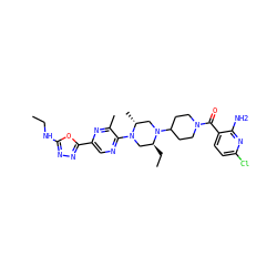 CCNc1nnc(-c2cnc(N3C[C@H](CC)N(C4CCN(C(=O)c5ccc(Cl)nc5N)CC4)C[C@H]3C)c(C)n2)o1 ZINC000103266223