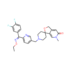 CCO/N=C(/c1ccc(F)c(F)c1)c1ccc(CN2CCC3(CC2)OCc2cc(=O)n(C)cc23)cn1 ZINC000045322568