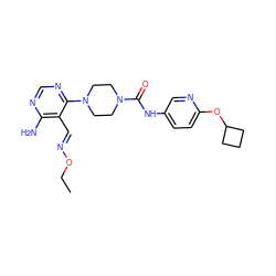 CCO/N=C/c1c(N)ncnc1N1CCN(C(=O)Nc2ccc(OC3CCC3)nc2)CC1 ZINC000028824262