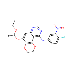 CCO[C@@H](C)Oc1cc2ncnc(Nc3ccc(F)c([N+](=O)[O-])c3)c2c2c1OCCO2 ZINC000653916381