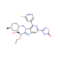 CCO[C@@H](CO)c1nc2cc(-c3noc(=O)[nH]3)nc(-c3cncc(Cl)c3)c2n1C[C@H]1CC[C@H](C)CC1 ZINC000261164908