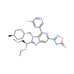 CCO[C@@H](COC)c1nc2cc(-c3noc(=O)[nH]3)nc(-c3cncc(Cl)c3)c2n1C[C@H]1CC[C@H](C)CC1 ZINC000261142573