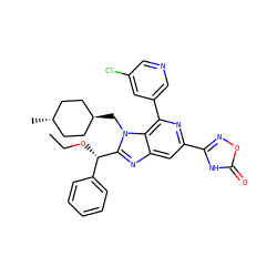 CCO[C@@H](c1ccccc1)c1nc2cc(-c3noc(=O)[nH]3)nc(-c3cncc(Cl)c3)c2n1C[C@H]1CC[C@H](C)CC1 ZINC000261183789