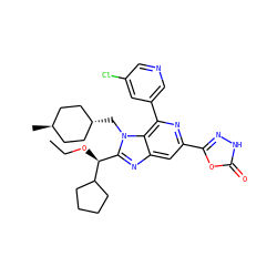 CCO[C@@H](c1nc2cc(-c3n[nH]c(=O)o3)nc(-c3cncc(Cl)c3)c2n1C[C@H]1CC[C@H](C)CC1)C1CCCC1 ZINC000261103658