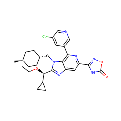 CCO[C@@H](c1nc2cc(-c3noc(=O)[nH]3)nc(-c3cncc(Cl)c3)c2n1C[C@H]1CC[C@H](C)CC1)C1CC1 ZINC000261161609