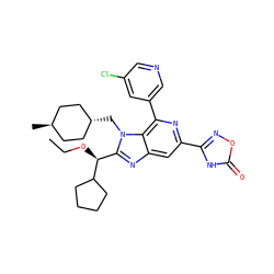 CCO[C@@H](c1nc2cc(-c3noc(=O)[nH]3)nc(-c3cncc(Cl)c3)c2n1C[C@H]1CC[C@H](C)CC1)C1CCCC1 ZINC000261087827