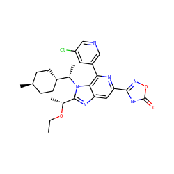 CCO[C@H](C)c1nc2cc(-c3noc(=O)[nH]3)nc(-c3cncc(Cl)c3)c2n1[C@@H](C)[C@H]1CC[C@H](C)CC1 ZINC000261091701