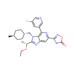 CCO[C@H](C)c1nc2cc(-c3noc(=O)[nH]3)nc(-c3cncc(Cl)c3)c2n1C[C@H]1CC[C@H](C)CC1 ZINC000261101075