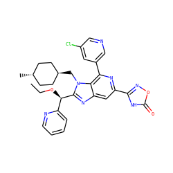 CCO[C@H](c1ccccn1)c1nc2cc(-c3noc(=O)[nH]3)nc(-c3cncc(Cl)c3)c2n1C[C@H]1CC[C@H](C)CC1 ZINC000261098326