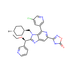 CCO[C@H](c1cccnc1)c1nc2cc(-c3noc(=O)[nH]3)nc(-c3cncc(Cl)c3)c2n1C[C@H]1CC[C@H](C)CC1 ZINC000261178806