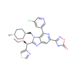 CCO[C@H](c1cscn1)c1nc2cc(-c3noc(=O)[nH]3)nc(-c3cncc(Cl)c3)c2n1C[C@H]1CC[C@H](C)CC1 ZINC000261114393