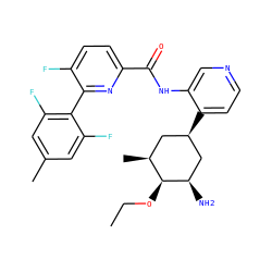 CCO[C@H]1[C@@H](C)C[C@@H](c2ccncc2NC(=O)c2ccc(F)c(-c3c(F)cc(C)cc3F)n2)C[C@H]1N ZINC000207166588