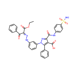 CCOC(=O)/C(=N/Nc1cccc(-n2nc(C(=O)Nc3ccc(S(N)(=O)=O)cc3)c(C(=O)O)c2-c2ccccc2)c1)C(=O)c1ccccc1 ZINC000095593580