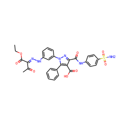 CCOC(=O)/C(=N/Nc1cccc(-n2nc(C(=O)Nc3ccc(S(N)(=O)=O)cc3)c(C(=O)O)c2-c2ccccc2)c1)C(C)=O ZINC000095595432