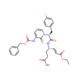 CCOC(=O)/C=C/[C@H](CCC(N)=O)NC(=O)[C@H](Cc1ccc(F)cc1)n1cccc(NC(=O)OCc2ccccc2)c1=O ZINC000029390600