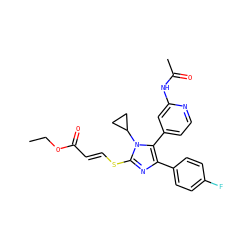 CCOC(=O)/C=C/Sc1nc(-c2ccc(F)cc2)c(-c2ccnc(NC(C)=O)c2)n1C1CC1 ZINC000299871893