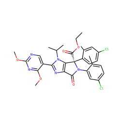 CCOC(=O)[C@@]1(c2ccc(Cl)cc2C)c2c(nc(-c3cnc(OC)nc3OC)n2C(C)C)C(=O)N1c1cc(Cl)ccc1C ZINC000169705577