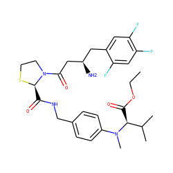 CCOC(=O)[C@@H](C(C)C)N(C)c1ccc(CNC(=O)[C@H]2SCCN2C(=O)C[C@H](N)Cc2cc(F)c(F)cc2F)cc1 ZINC000066098269