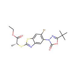 CCOC(=O)[C@@H](C)Sc1nc2cc(-n3nc(C(C)(C)C)oc3=O)c(Br)cc2s1 ZINC000073197614