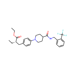 CCOC(=O)[C@@H](CC)Cc1ccc(N2CCC(C(=O)NCc3ccccc3C(F)(F)F)CC2)cc1 ZINC000653903394