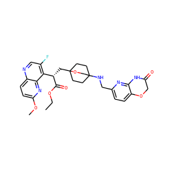 CCOC(=O)[C@@H](CC12CCC(NCc3ccc4c(n3)NC(=O)CO4)(CC1)CO2)c1c(F)cnc2ccc(OC)nc12 ZINC000206093385