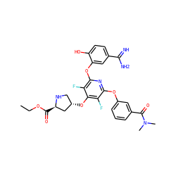 CCOC(=O)[C@@H]1C[C@@H](Oc2c(F)c(Oc3cccc(C(=O)N(C)C)c3)nc(Oc3cc(C(=N)N)ccc3O)c2F)CN1 ZINC000027103989
