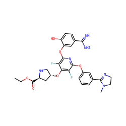 CCOC(=O)[C@@H]1C[C@@H](Oc2c(F)c(Oc3cccc(C4=NCCN4C)c3)nc(Oc3cc(C(=N)N)ccc3O)c2F)CN1 ZINC000027106256