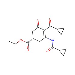 CCOC(=O)[C@@H]1CC(=O)C(C(=O)C2CC2)=C(NC(=O)C2CC2)C1 ZINC000013488253