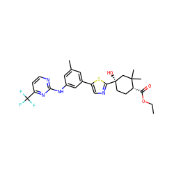 CCOC(=O)[C@@H]1CC[C@@](O)(c2ncc(-c3cc(C)cc(Nc4nccc(C(F)(F)F)n4)c3)s2)CC1(C)C ZINC000141845720